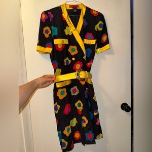 Vintage Escada By Margaretha Ley 100% Silk Floral/Black Dress With Belt